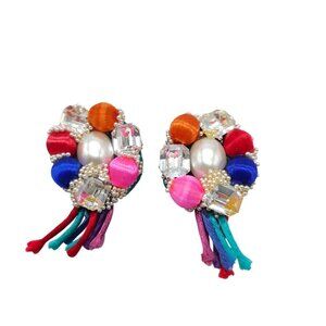Vintage 1980s Multicolor Statement Earrings Beads Rhinestones Pearls Tassels